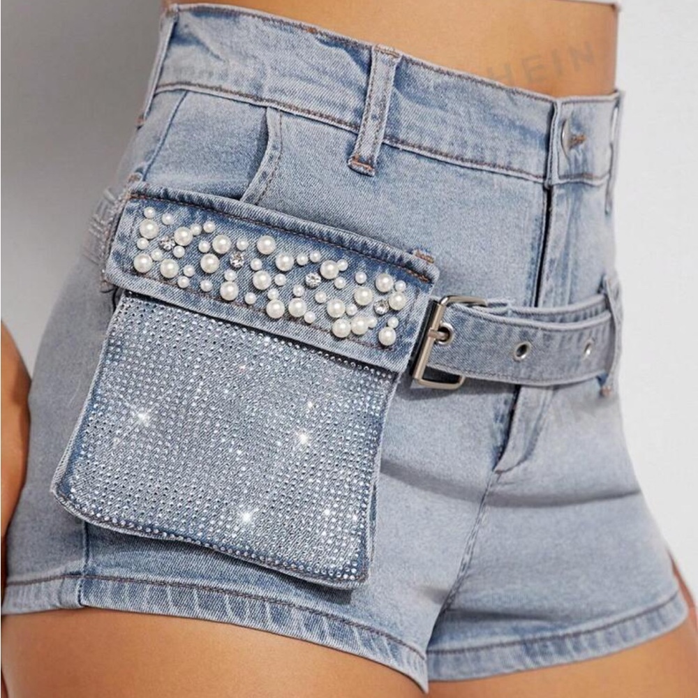 Haute Embellished Pocket Belted Denim Shorts - Picture 3 of 4